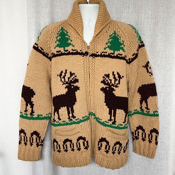 Heavyweight Wool Hand Knit Sweater Jacket Vintage  60s 70s Deer Elk Chunky Brown - Picture 1 of 3